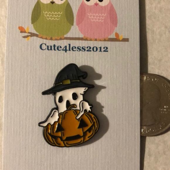 Pumpkin Ghost in Witch Hat Halloween Pin Brooch - Picture 1 of 2
